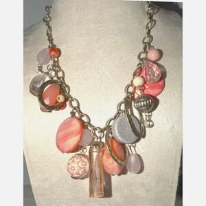 Premier Designs Coral Pink Clear Charm Necklace 16-20" Gold Tone